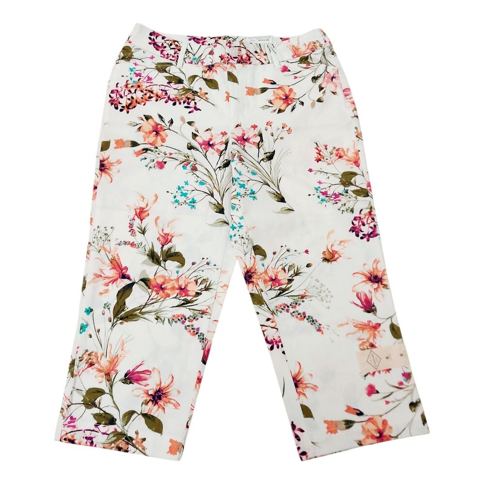 St. John's Bay Pants Womens 6 White Capri Floral Cotton Blend Mid Rise Bohemian
